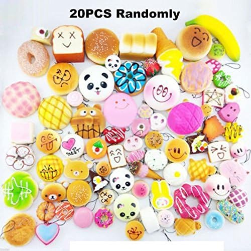 Konduone Random 20pcs Kawaii Soft Foods Jumbo Medium Mini Soft Squishy Cake/Panda/Bread/Buns Phone Straps