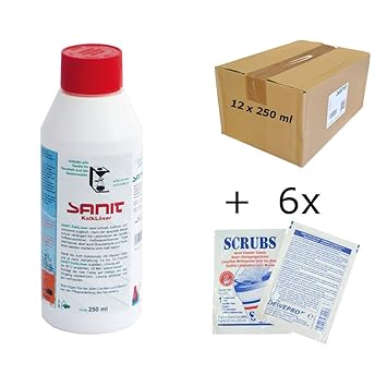 SANIT - KalkLöser - VPE: 12 Flaschen a' 250ml - der Entkalker für alle Geräte in Haushalt und Gastronomie, im Set inkl. 6 St.