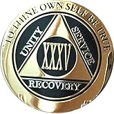RecoveryChip 35 Year AA Medallion Elegant Black Gold Silver Bi-Plated Alcoholics Anonymous Chip