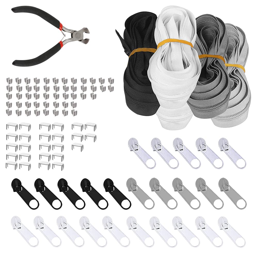 KBNIAN Pack of 5 Continuous Zips, 2.5m Nylon Zip, 100 Piece Repair Set, Pliers, for Clothes, Backpacks, Home Textiles, White/Black/Dark Grey/Light Grey