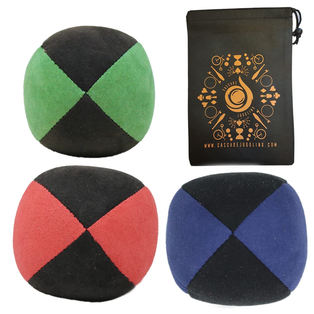 Cascade Juggling 3 x Pro 110g Cascade Suede Juggling Balls - Quality Thud Juggling Balls & Bag - Set of 3 Beginner Juggling Balls (Red, Blue, Green/ Black)