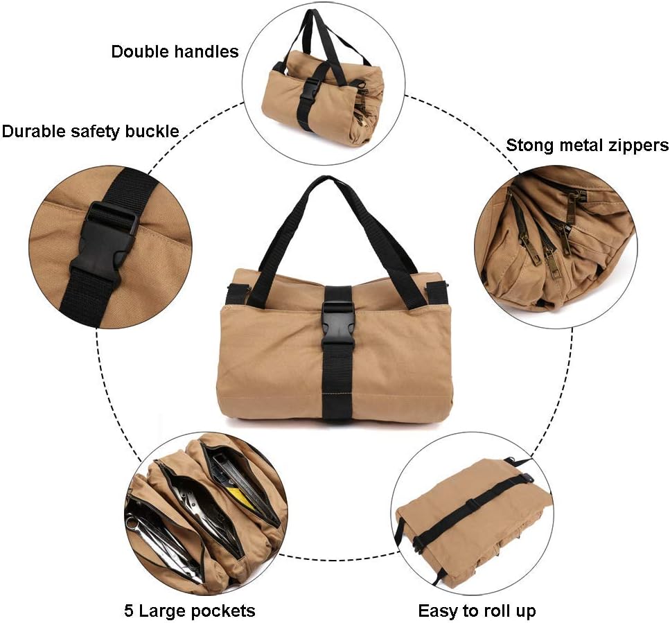 Super Tool Roll, Large Wrench Roll, Big Tool Roll Up Bag, Waxed Canvas Tool Organizer Bucket, Tool Roll Up Pouch, Handy Small Tools Tote Carrier, Tool Pouch Sling, Car Back Seat Organizer (Khaki) - - 