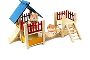 kathson Natural Wooden Hamster Playground Gerbils Houses Hideouts Activity Climbing Ladder Platform for Small Animals, Dwarf Mice, Gerbil