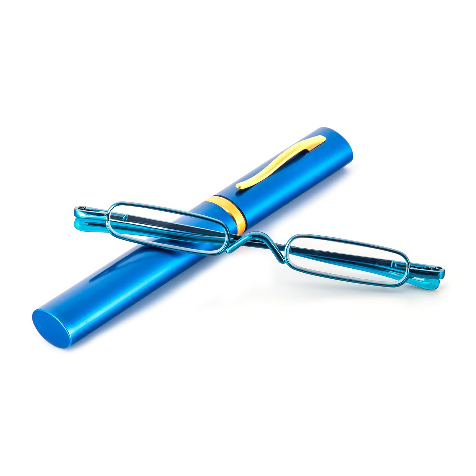 MMOWW Mini Compact Reading Glasses for Men Women -Superlight Metal Pocket Readers with Portable Pen Cases (Blue, +1.0) — image 1