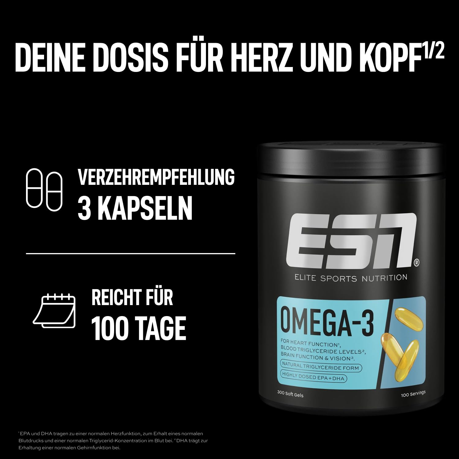 ESN Omega-3 - hochdosiert mit 1200 mg EPA und 900 mg DHA pro Tagesportion - ohne fischigen Nachgeschmack - getestet auf Schwermetalle - 300 Kapseln, 100 Portionen 6