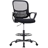 DUMOS Drafting Chair - Counter Height Adjustable Tall Office Desk Chair with Fixed Armrests and Comfortable Lumbar Support for Standing Desk, Deep Black