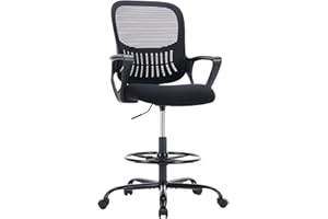 DUMOS Drafting Chair - Counter Height Adjustable Tall Office Desk Chair with Fixed Armrests and Comfortable Lumbar Support for Standing Desk, Deep Black