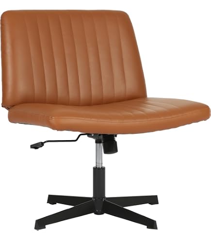 PUKAMI Criss Cross Leg Chair - Fabric Swivel Office Chair No Wheels, Adjustable Height, Wide Seat (Beige)