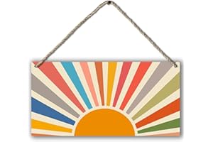 PHAMTE Vintage Boho Orange Sun Sunrise Colorful Sunshine Sunray Printed Wood Plaque Sign Wall Hanging,Modern Mid Century Hanging Wall Signs for Bohemian Home Room Dorm Decor 12 x 6 Inches