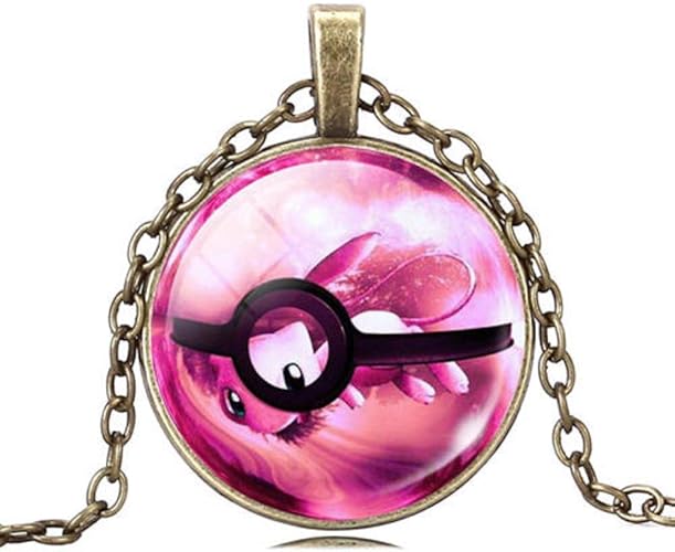 Amazon Flystarjewelry ブロンズチェーン カボション ポケモン ミュー ネックレス ポケモン モンスターボールペンダント ネックレス 通販