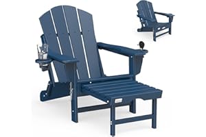 Mdeam Folding Adirondack Chair with Retractable Ottoman, HDPE All-Weather Fire Pit Chair with 2 Cup Holders, Outdoor Chair for Deck Patio Garden Backyard Lawn (Navy Blue)