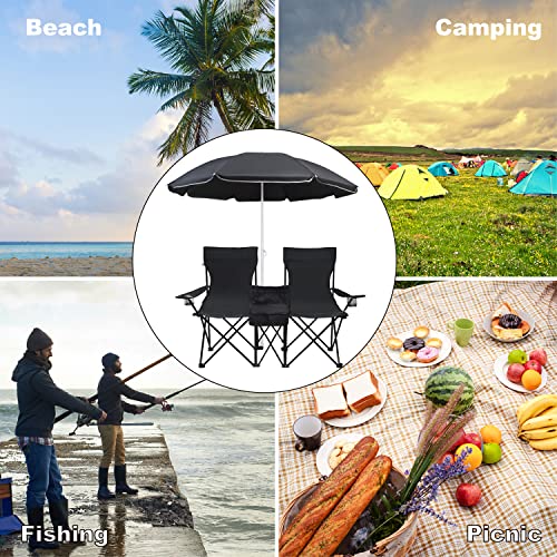 LEADALLWAY Double Camping Chair with Parasol Portable Folding Lawn