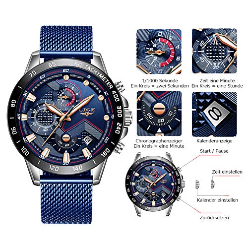 LIGE - Reloj de pulsera analógico para hombre, resistente al agua, de acero inoxidable, cuarzo, con cronógrafo y correa milanesa - Imagen 7