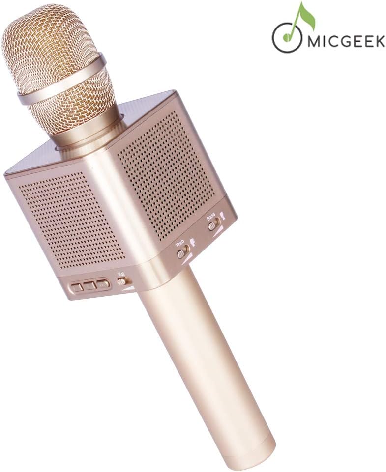 Micgeek Q10S Handheld Removeable Battery/TF-Card-Insert Karaoke Player With Four Speakers,Karaoke MIC Machine for Home KTV,Wireless/Bluetooth Karaoke Microphone With Accompaniment Function(Gold)