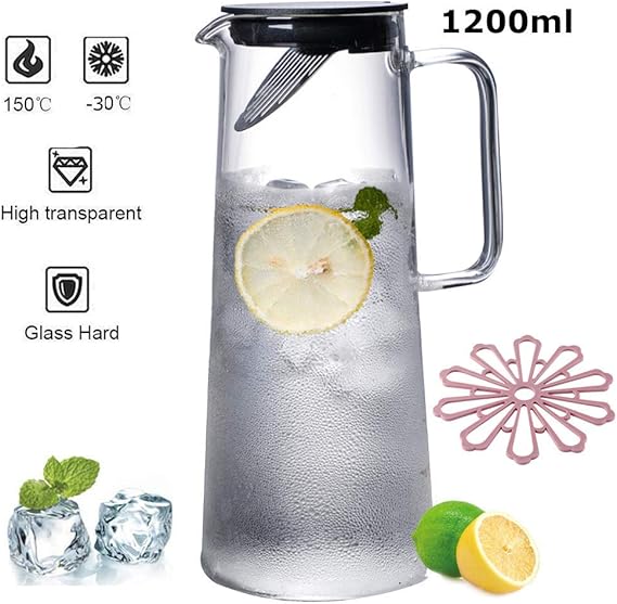 Glass Jug with Lid, Water Bottle, Borosilicate Glass