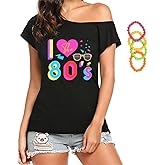 COLORFUL BLING 80s Shirts for Women I Love 80's Retro Off Shoulder Top Vintage 80s 90s Halloween Outfits with Accessories