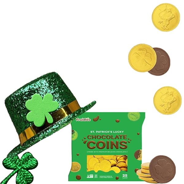 ST. PATRICK’S DAY 25 MILK CHOCOLATE COINS LUCKY GOLD COINS FOILS, SHAMROCK CLOVER LEPRECHAUN PREMIUM BELGIAN MILK CHOCOLATE COINS BAG NUT-FREE (25-PACK)