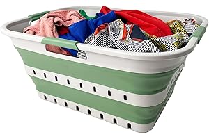 SAMMART 42 (11 Gallons) Collapsible Plastic Laundry Basket, Foldable Pop Up Storage Container/Organizer, Space Saving Hamper, Portable Bin for Dorm Room Bathroom (1, Grey/Dark Sea Green)