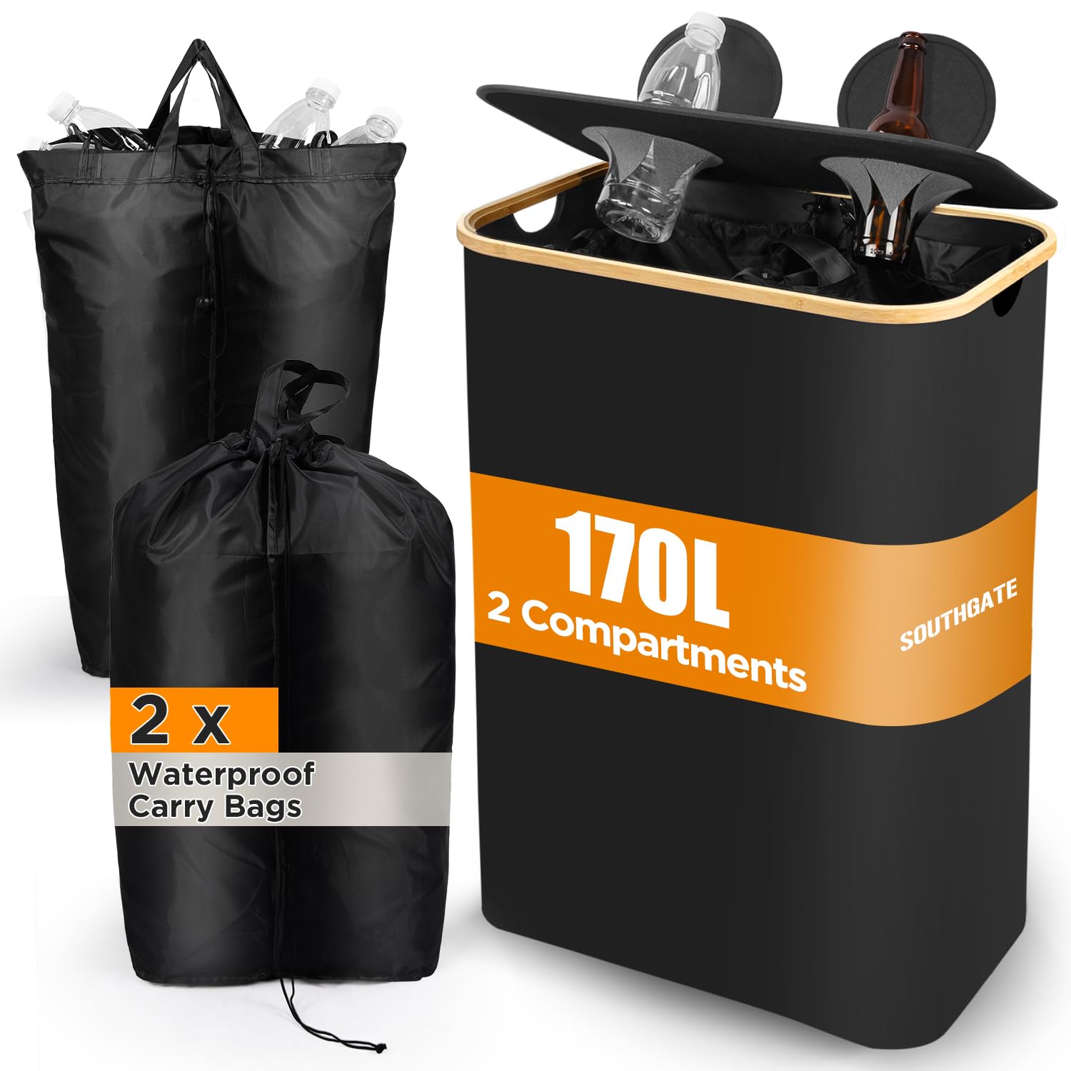 SOUTHGATE 170L Recycling Bins for Kitchen with 2 Compartments, Extra Large Deposit Bottle Bins with Lid, Indoor Home Bottle Storage with 2 Reusable Recycling Bags, Black
