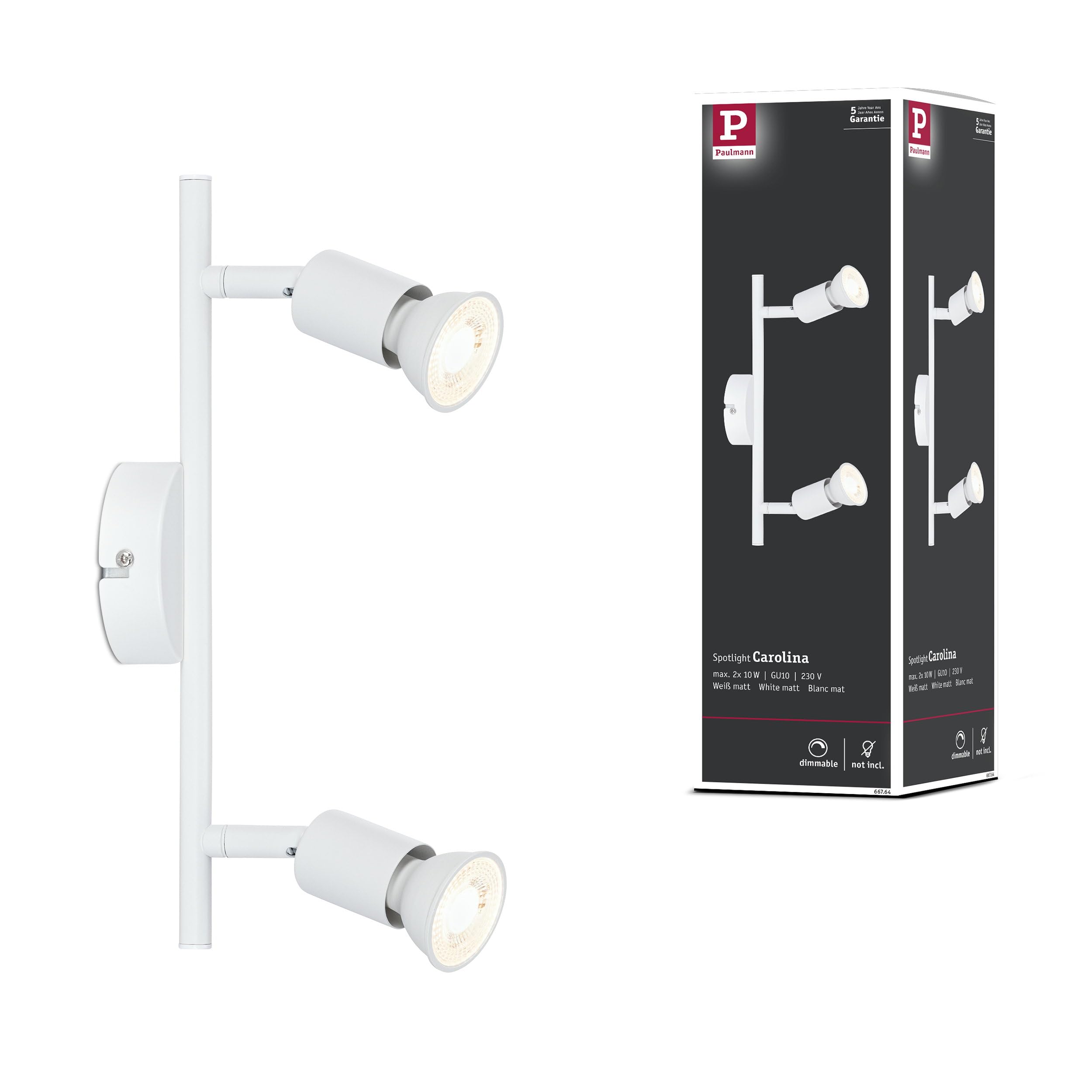 Paulmann Carolina 66764 Spotlight 2-Bulb Max. 2 x 10 Watt Ceiling Light White Matt Metal GU10 Ceiling Spotlight Without Bulb