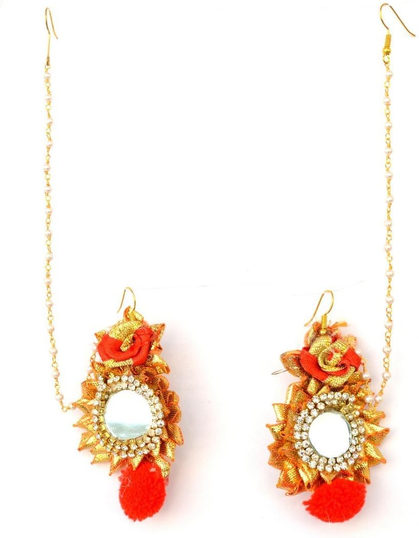 Floret Jewelry Indian Traditional Bridal Wedding Red Golden Gota Patti Mirror Work Earrings for Women