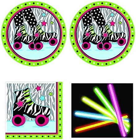 Retro Roller Skate Party supplies Pack, 12-16 guests, lunch plates, napkins, plus bonus glow sticks