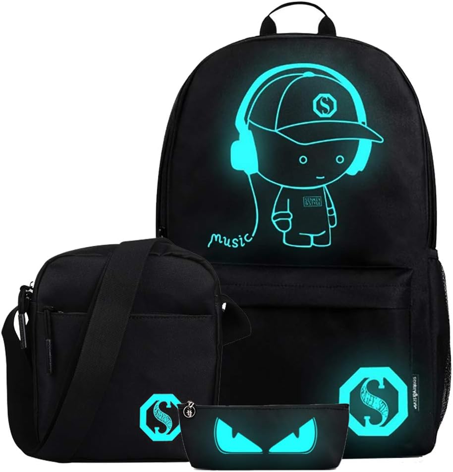 FLYMEI Anime Luminous Backpack for Boys, Girls School Daypack with Shoulder Bag 17'' Laptop Back Pack, Lightweight Travel Bag, Cool Cartoon Backpack for Men