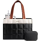 LOVEVOOK Tote Bag for Women, Puffer Work Handbag 15.6 Inch Laptop Purse for Nurse Teacher, Large Quilted Travel Tote Shoulder Bag with Zipper for College Office Clinical Gym, Cream-Black-Brown