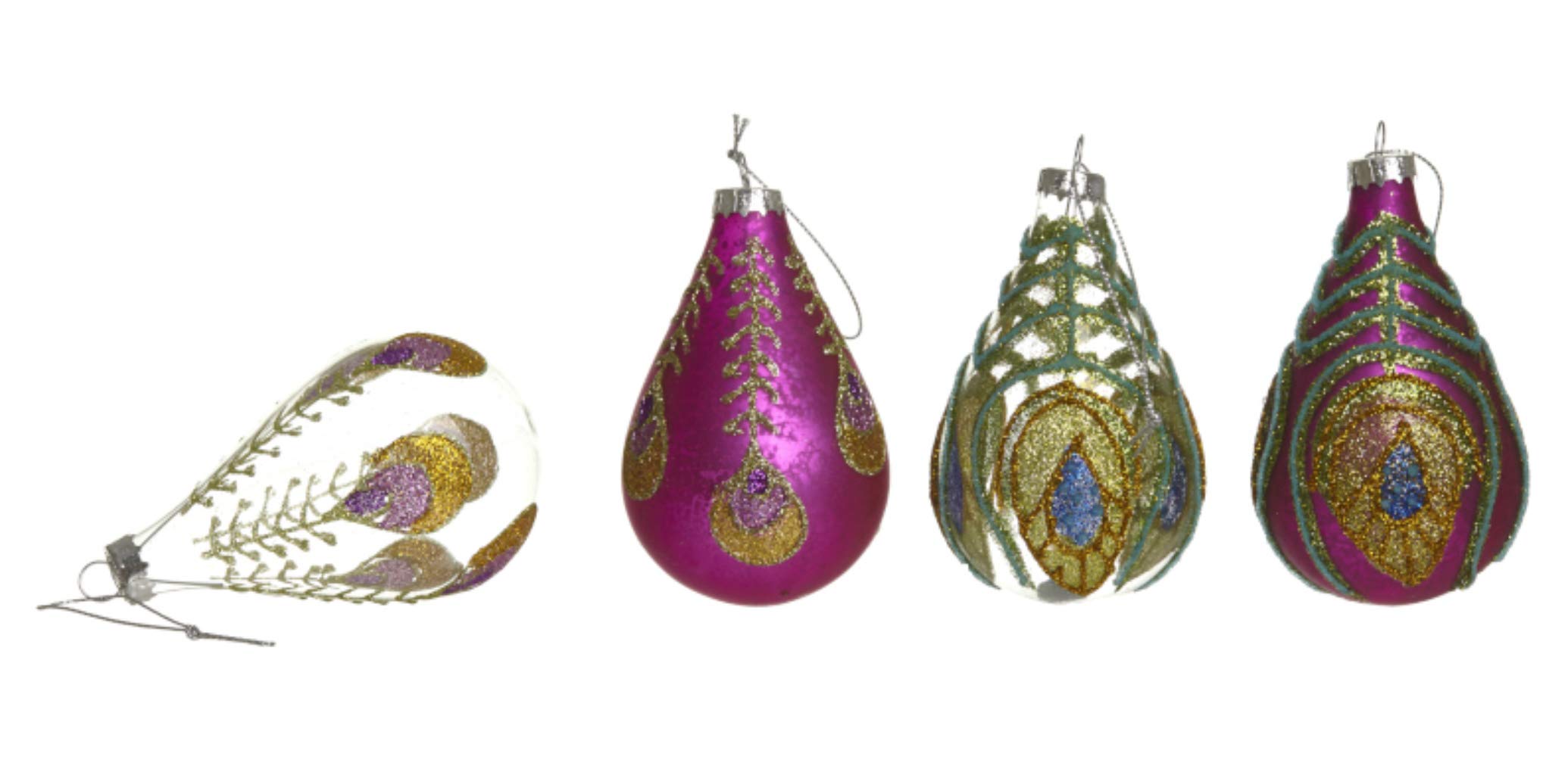4 Luxury large Christmas Peacock design Glass Teardrop shape Baubles Box set