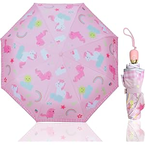 Luersuen Automatic Folding Kids Umbrella - Telescopic Toddler with UV Sun Protection, Cute Unicorn Design, Lightweight Compac
