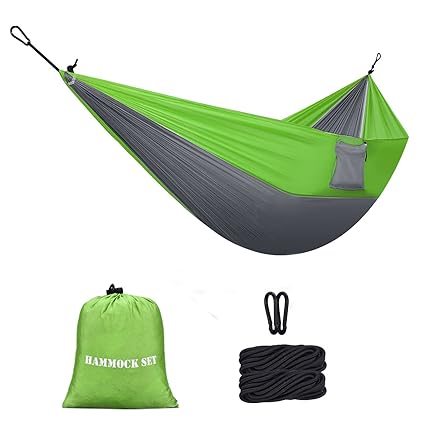 Homitt 2 Person Outdoor Camping Hammock Set with 2M 6.56FT Hammock Tree Straps 2 Solid Carabiners for Travelling Hiking Backpacking Motorcycle Trips Beach or Mountain Green Grey