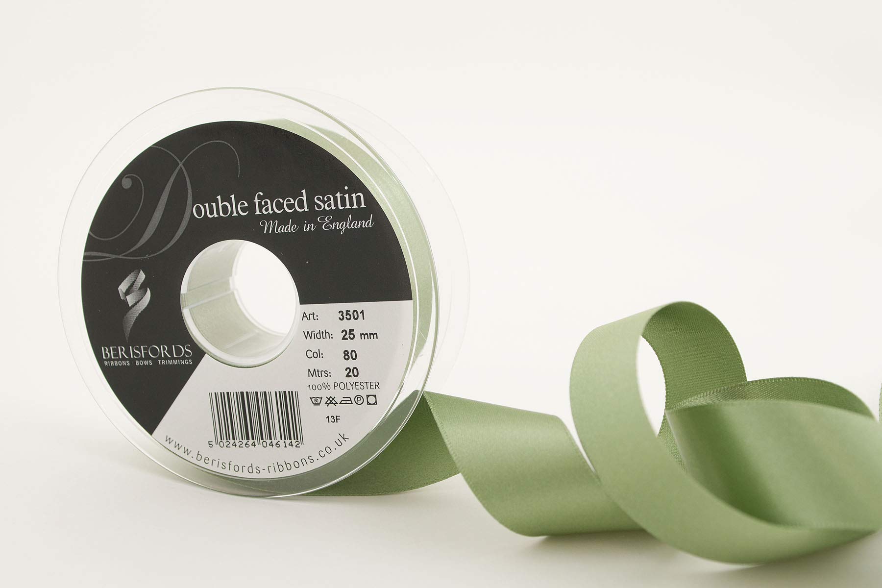 Berisfords 3501 25mm 80 Khaki Double Satin Ribbon x 20mtr, 25 mm โ image 1