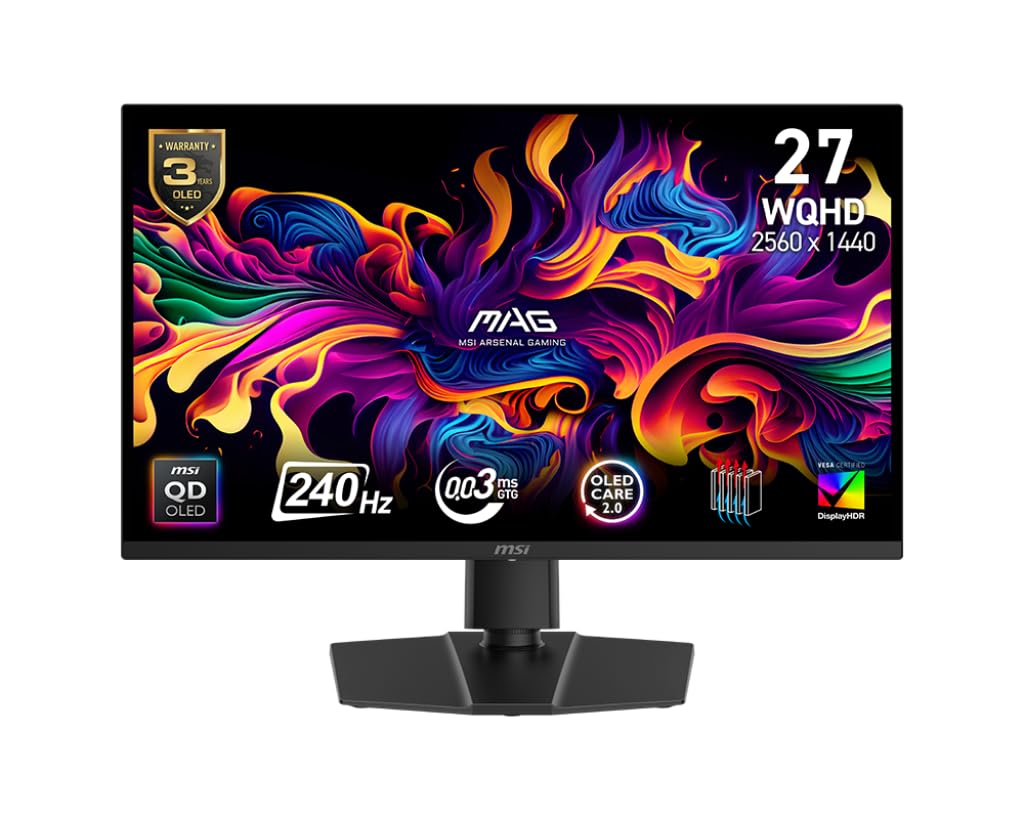 Photo 1 of msi MAG 271QP QD-OLED X24 27-inch 2560 x 1440 (QHD) Gaming Monitor, 240Hz, Adaptive-Sync, HDMI, DisplayPort, VESA Mountable, Tilt, Height Adjustable, Speaker, 0.03ms, Black