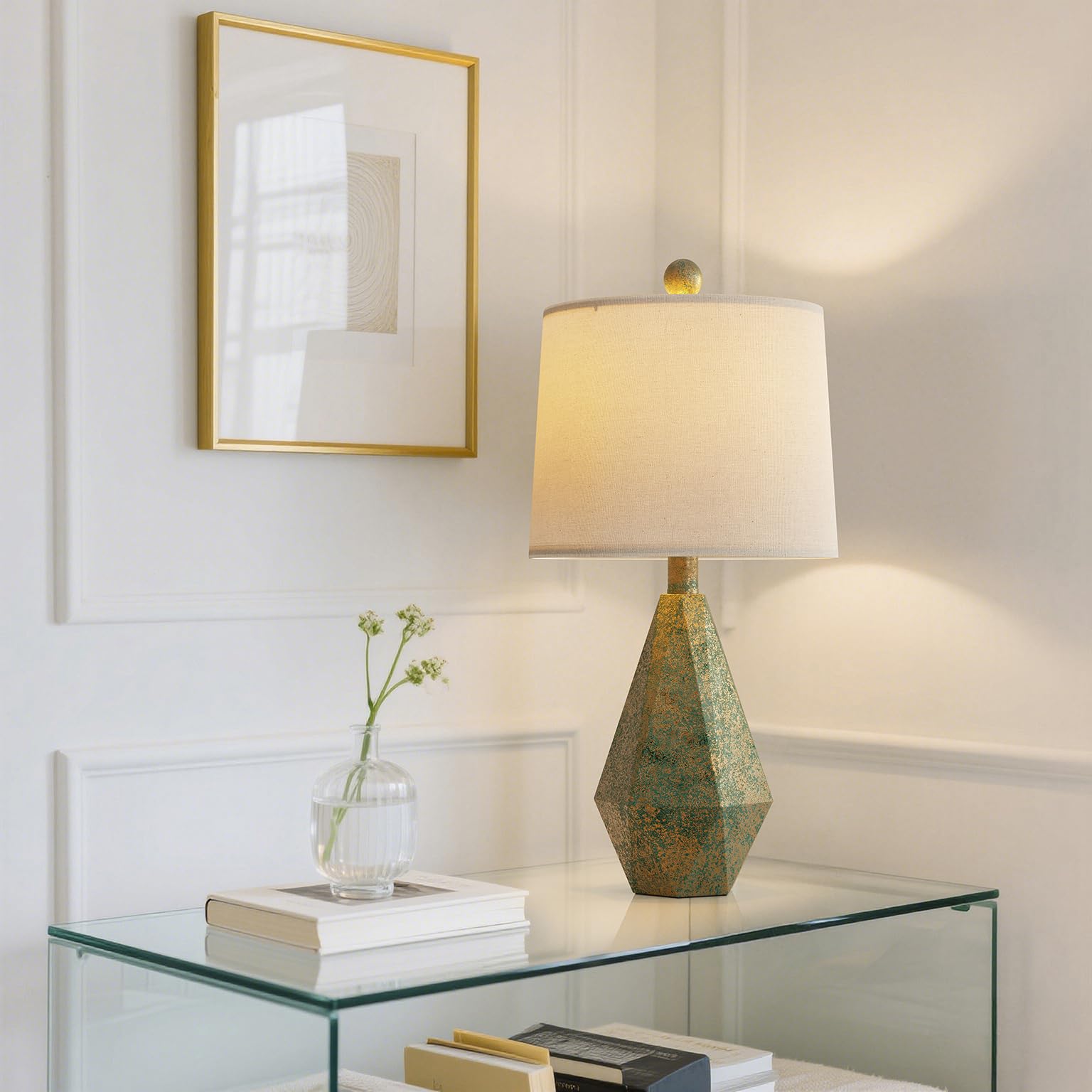 Photo 1 of PoKat 20.25" Green Table Lamps Set of 2 for Night Stands, Vintage Bedside Lamps for Bedroom Living Room, Retro Bedroom Lamps for End Table, Suitable for Small Place, Green with Gold