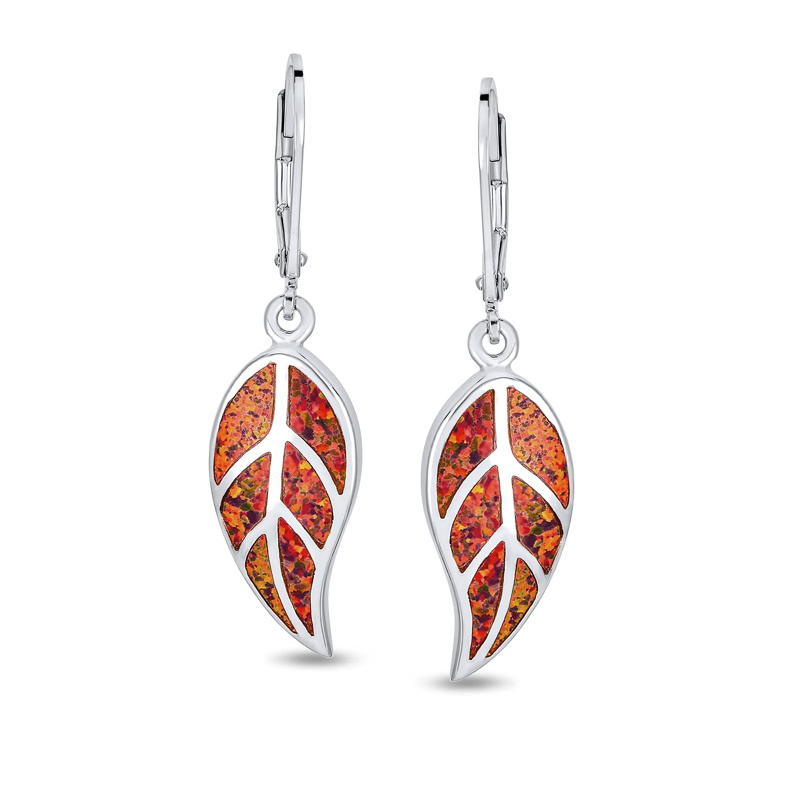 Native American Inspired Red Brown Earth Tones Created Opal Inlay Lever back Nature Leaf Dangle Drop Earrings Western Jewelry For Women .925 Sterling Silver — image 1