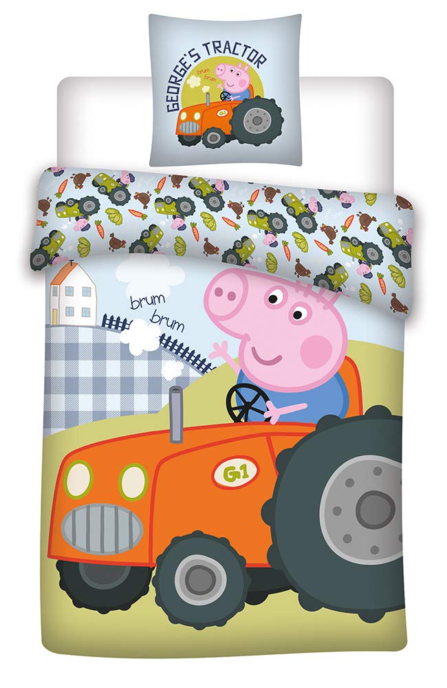 036 Peppa Pig Bed Linen, Cot Linen, Peppa Pig George’s Tractor, Reversible Bedding, Cushion Cover 40 x 60 + Duvet Cover 100 x 135 cm, 100% Cotton Eco-Tex