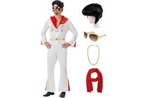 Coseaon 50s Rock Star Costume Mens Adult 60s 70s Disco Outfits Halloween Singer Jumpsuit with Wig Sunglasses Scarf Necklace