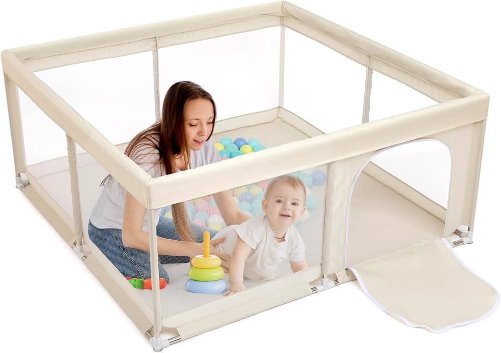BEJOY Baby Playpen 150cm Large Safe Indoor Outdoor with Mesh Door Beige