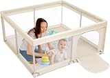BEJOY Baby Playpen 150cm Large Safe Indoor Outdoor with Mesh Door Beige