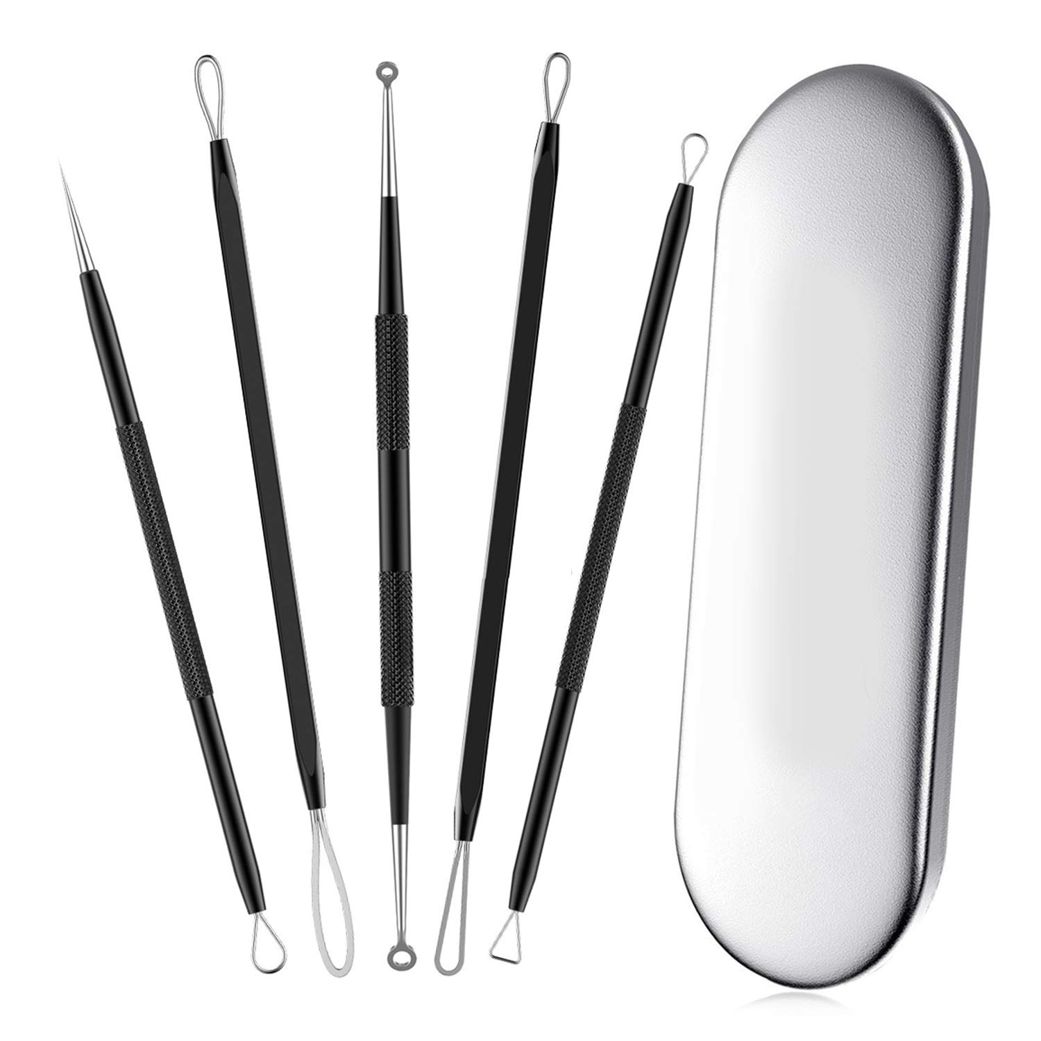 Blackhead remover,Acne treatment,Pimple Popper,Face Skin Care Kit,Professional Comedone Blemish, Zit, Whitehead Scar Extractor, 5 Piece Surgical Grade Stainless Steel Tools & Travel Case (black): Beauty