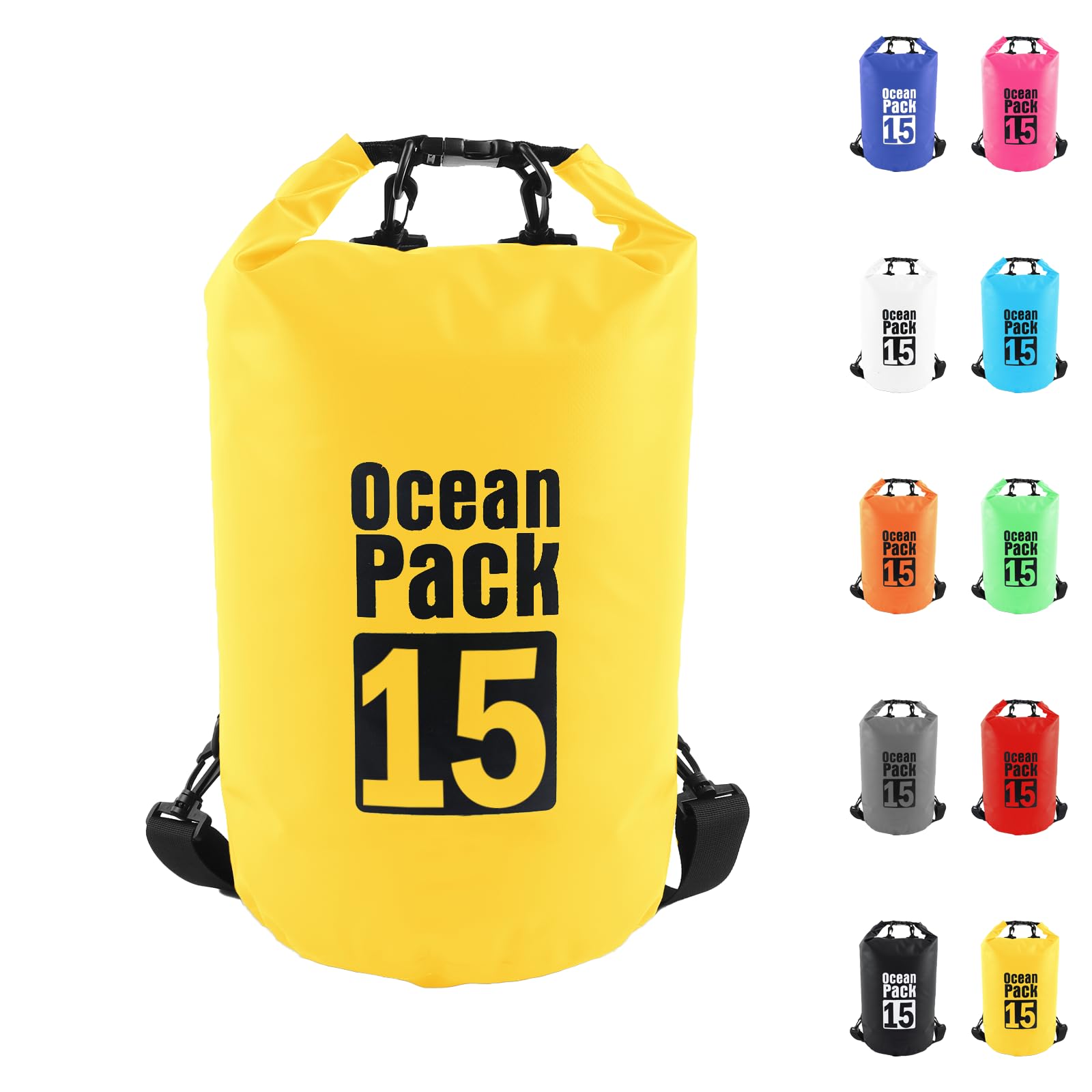 Dry Bag 15L, Boat Dry Bags Yellow Waterproof Bag Dry Sack Roll Top Long Adjustable Shoulder Strap 2L/5L/10L/20L/30L/40L for Drifting Boating Kayaking Fishing Rafting Swimming Camping Canoeing Surfing