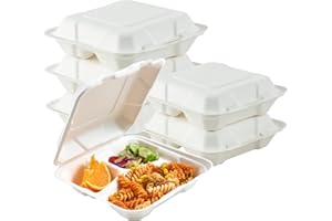 ECOLipak 50 Pack Clamshell Take Out Food Containers, 100% Compostable Disposable To Go Containers, 8X8 inch 3-Compartment Heavy-Duty To Go Boxes