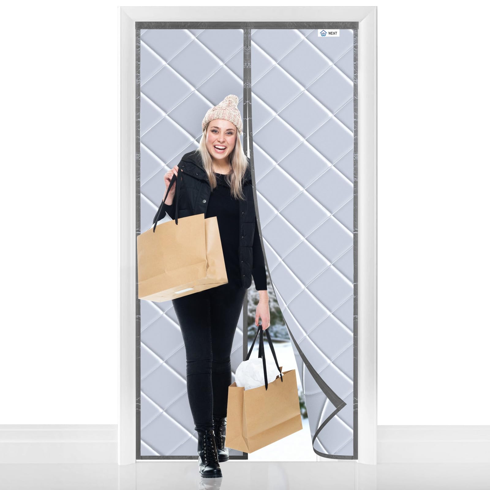 WENT Magnetic Thermal Insulated Door Curtain 85x200 cm, Insulated Door Cover for Patio, Kitchen, Bedroom, Living Room, Heavy Windproof Curtain, Grey