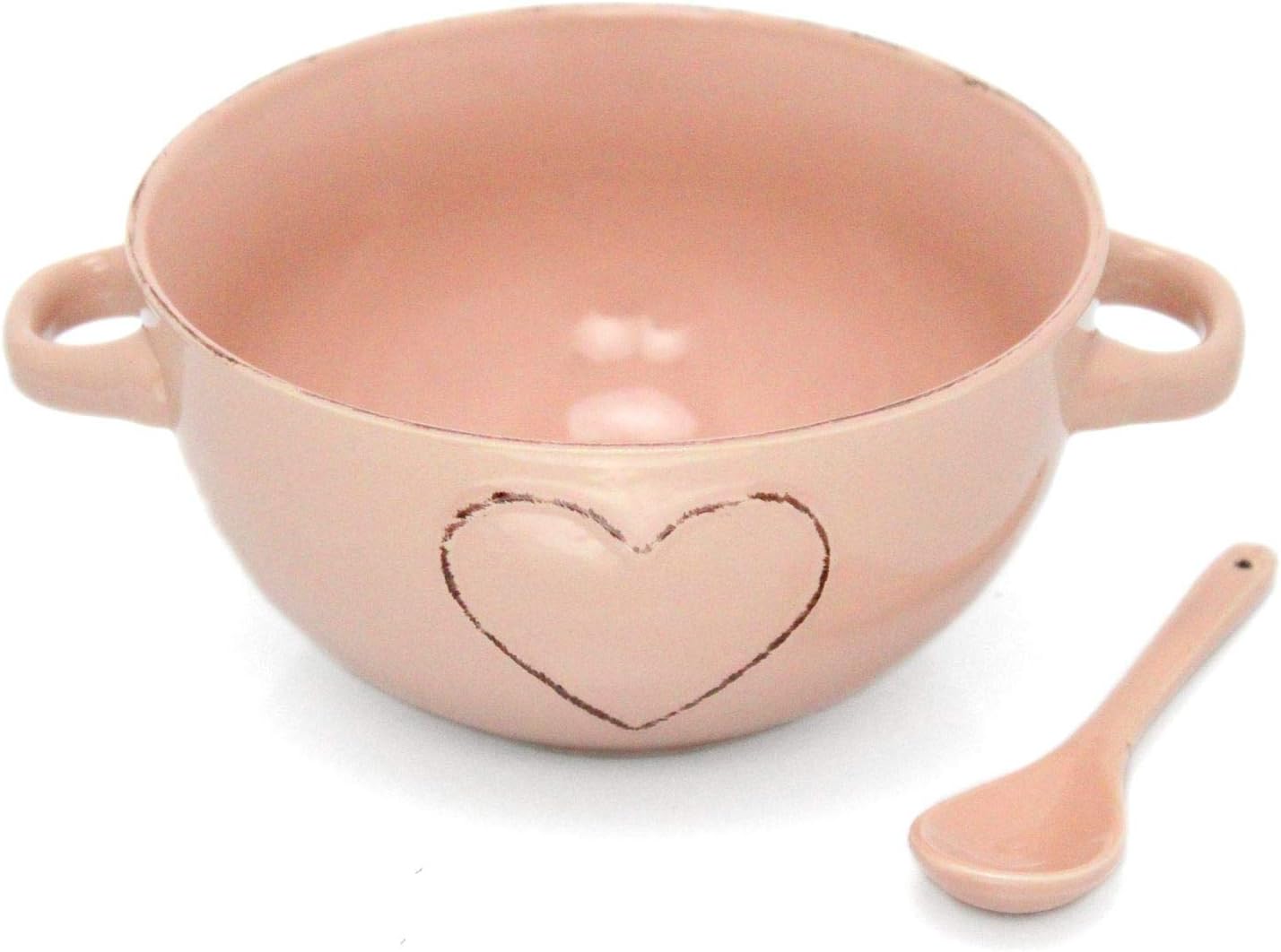 Carousel Home and Gifts Lovely Pastel Stoneware Heart Embossed Bowl With Spoon - Pink