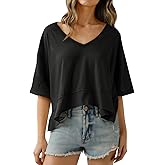 Cicy Bell Womens Oversized Crop T-Shirts Summer V Neck Short Sleeve Tops Casual Loose Fit Curved Hem Boxy Tee Shirt