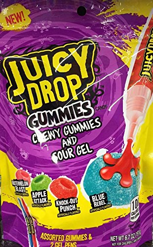 Juicy Drop Gummies Chewy Gummies & Sour Gel NET WT. 6.7 OZ, Assorted Gummies and 2 Gel Pens