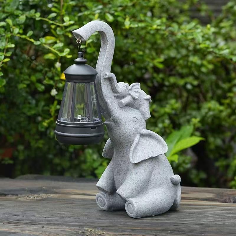 Figorona Elephant Garden Ornament, Solar Powered Elephant Statue Garden Decoration Outdoor LED Lights, IP65 Waterproof Animal Sculpture, Gift for women (Trunk)