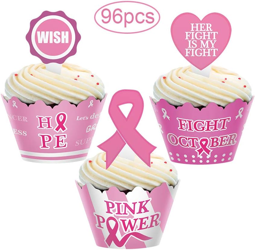 96pcs Breast Cancer Awareness Cupcake Topper Wrapper Party Supplies