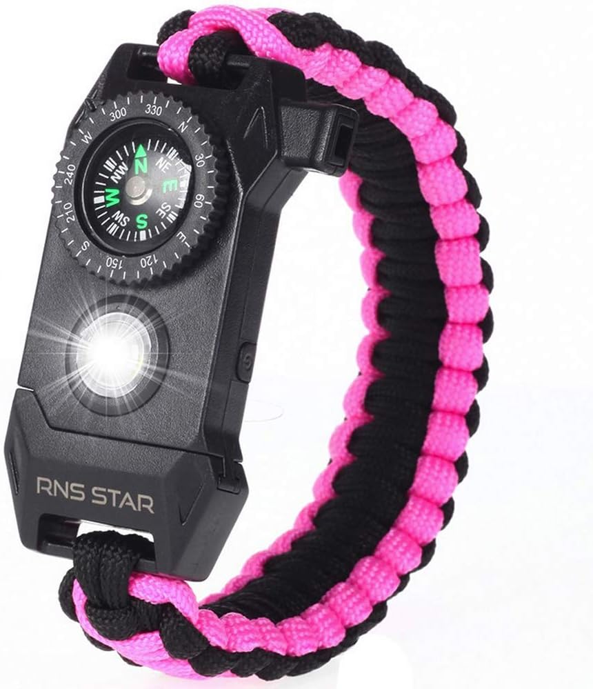 RNS STAR Paracord Survival Bracelet 6-in-1 - Hiking Gear Traveling Camping Gear Kit - 70% Bigger Compass LED SOS Emergency Function Flashlight,Fire Scrapper,Flint Fire Starter,Survival Knife