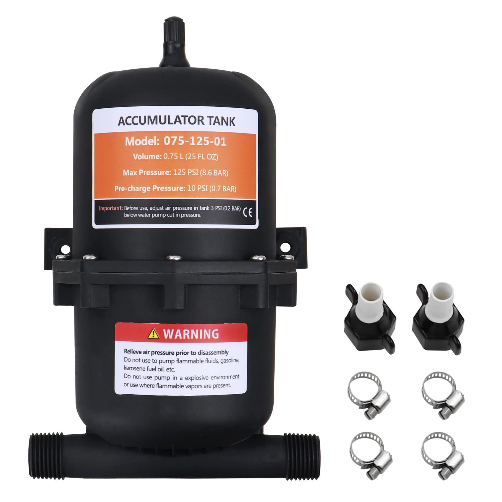 Photo 1 of Pre-Pressurized Accumulator Tank, RV Accumulator Tank 0.75L Max 125PSI, 1/2 MNPT Port Fitting, Flow Control Inner Bladder, Reduced Pump Cycling, Suitable for RV, Boat, Travel Trailer, Caravan.